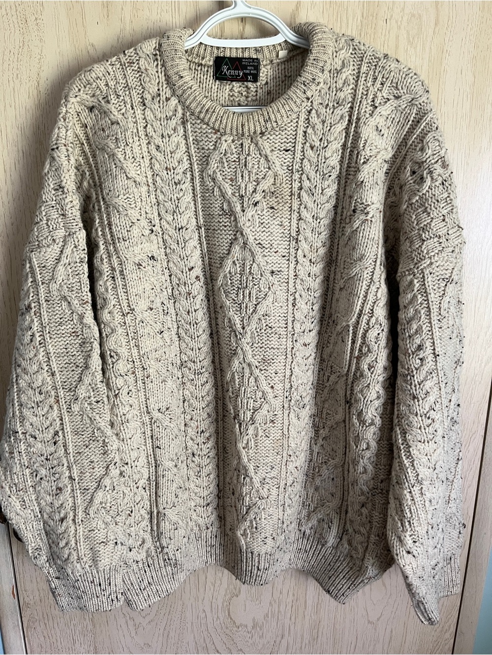 Vintage KENNY Cable Knit Irish Fisherman Sweater Ivory Speckled Sz XL Pure Woo